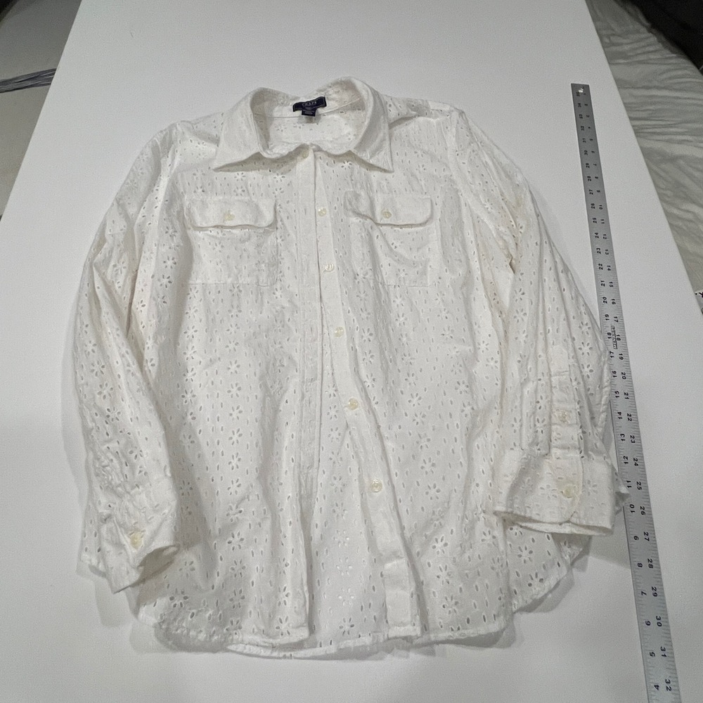 Chaps Denim Eyelet Shirt Women 3X White Cotton Button Up Cottagecore Coastal